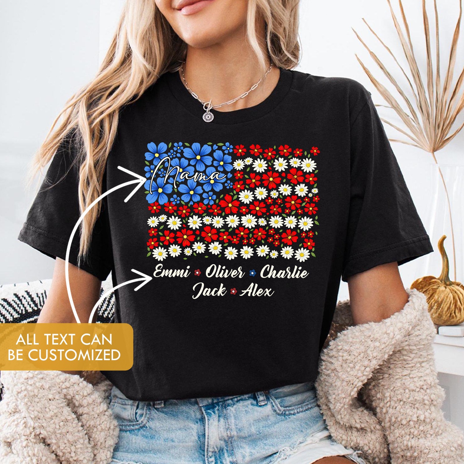 Personalized Mama Shirt Kids Name Patriotic Floral American Flag 4th of July Tee gallery