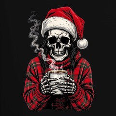 Santa Claus Skull Skeleton Coffee Red Check Gothic Mens T-Shirt