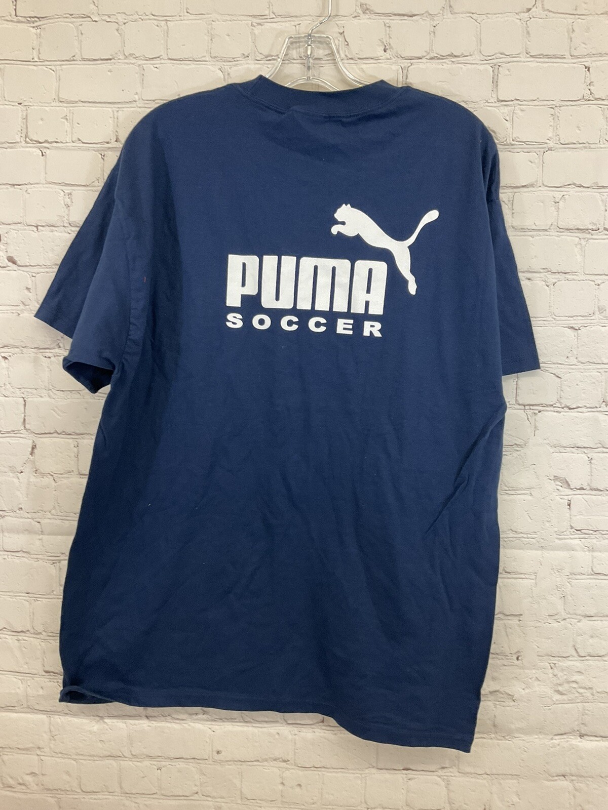 Hanes Adult Mens Beefy 5180 Puma Soccer Navy White SS Crew Neck Tshirt New gallery
