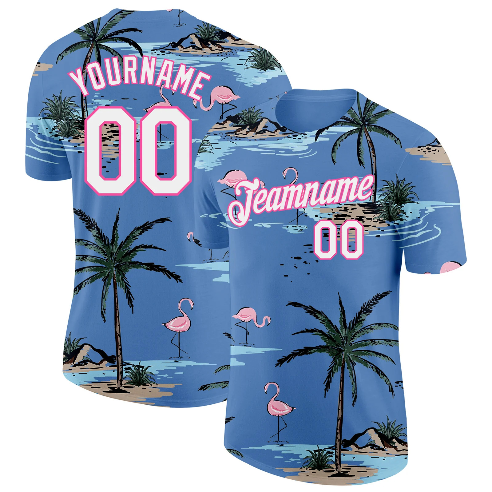 Custom Light Blue White Pink Hawaii Palm Tree Flamingo T-Shirt Summer Mens gallery