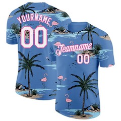 Custom Light Blue White Pink Hawaii Palm Tree Flamingo T-Shirt Summer Mens