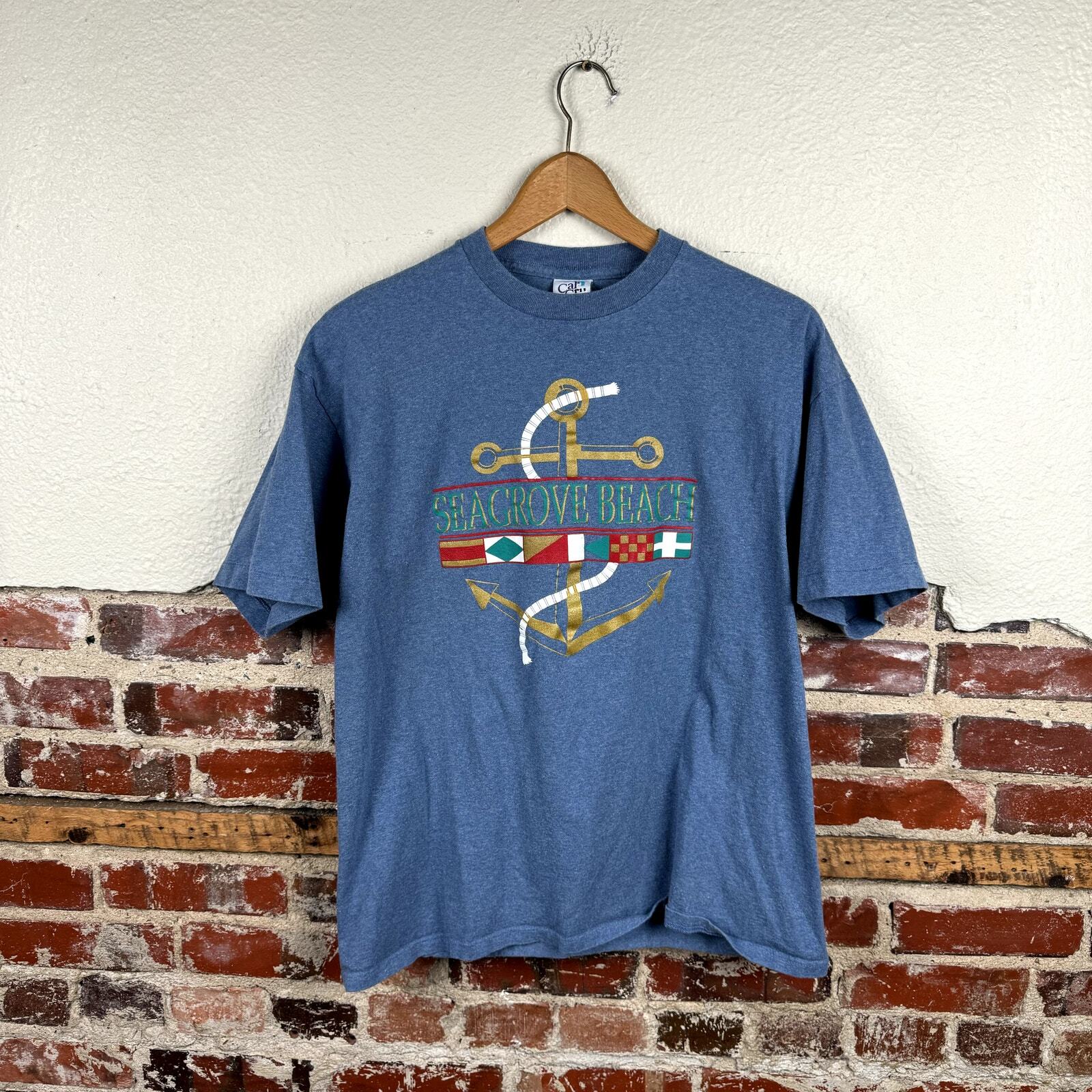Vintage Seagrove Beach Shirt Sz Large Blue Short Sleeve Anchor Nautical USA 90s gallery