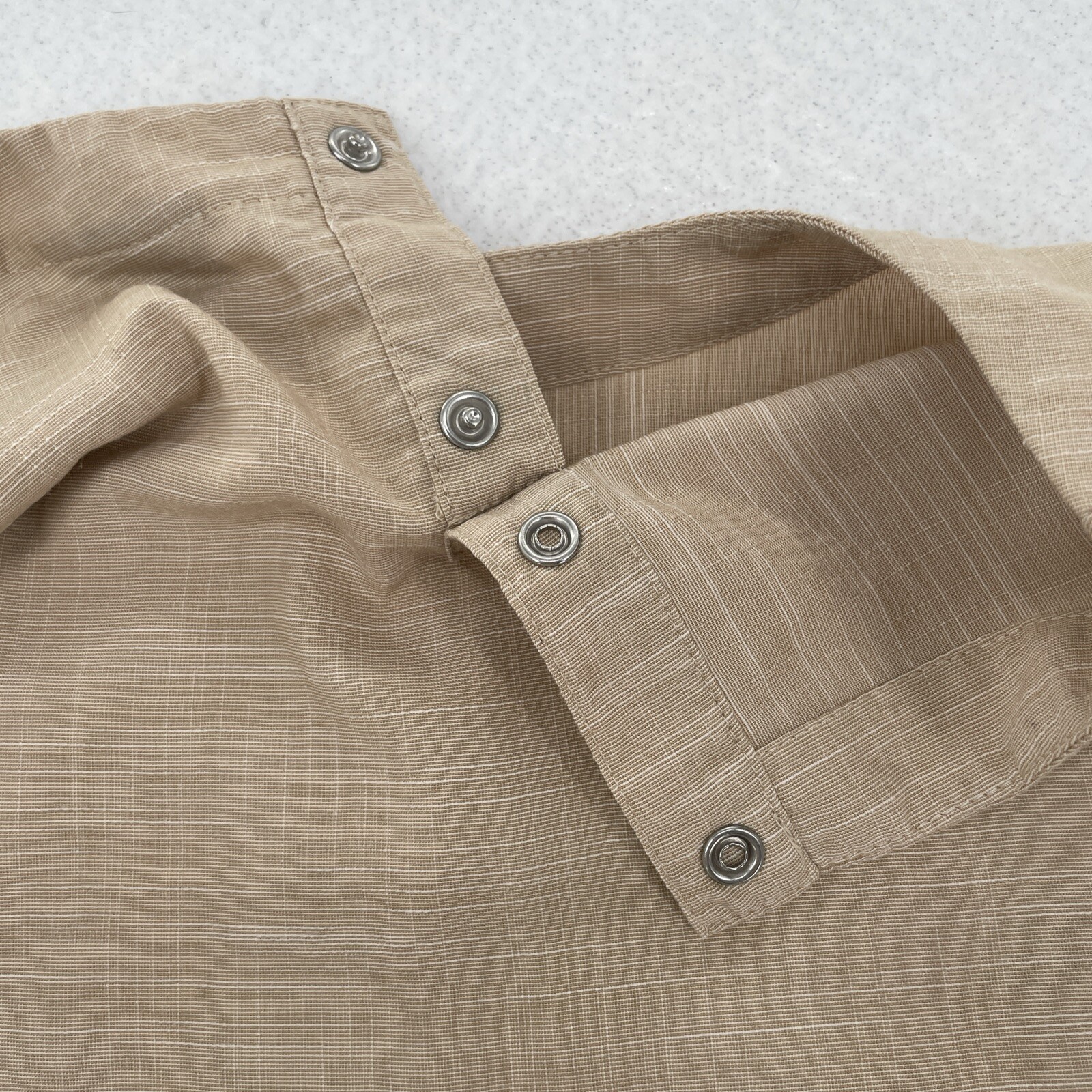 Publish Brand Shirt Mens M Woven Scoop Neck Beige Tan Short Sleeve Snaps Solid gallery