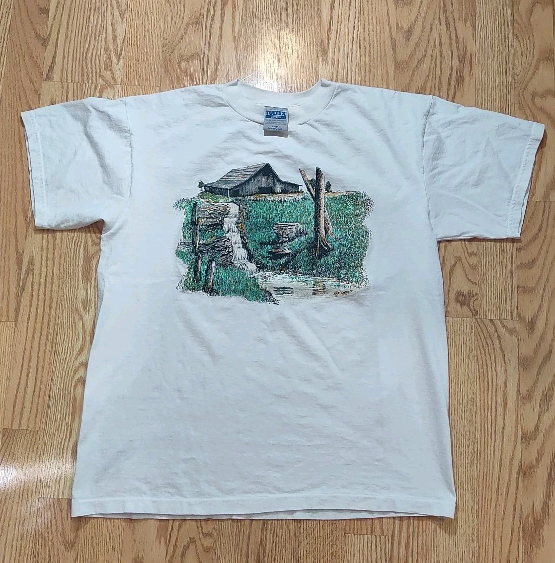 Vintage 90s Art Shirt Landscape Barn Nature Rustic Mens Large White American