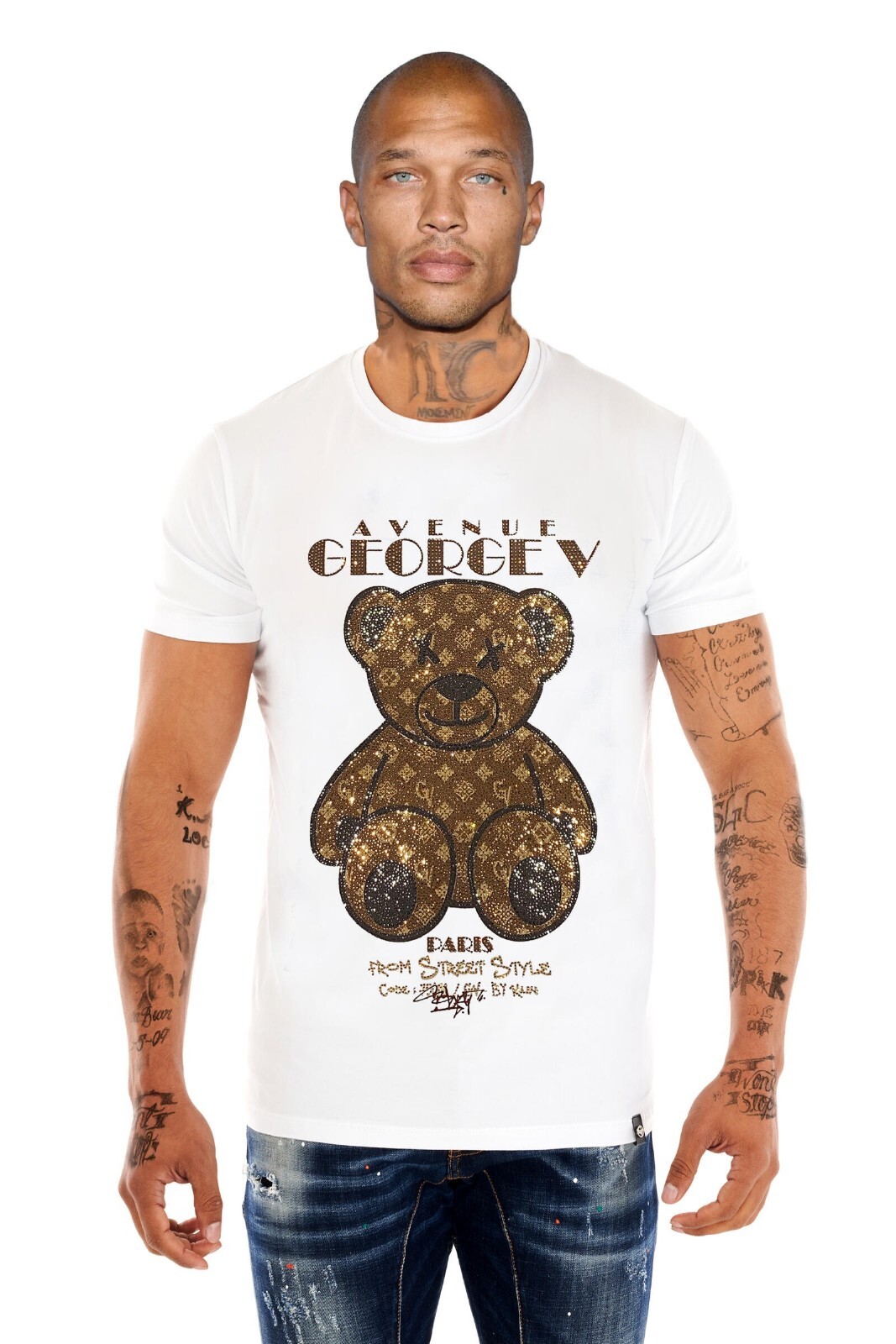 Avenue George V Paris Short Sleeves White T-shirt Rhinestone Golden Teddy bear gallery