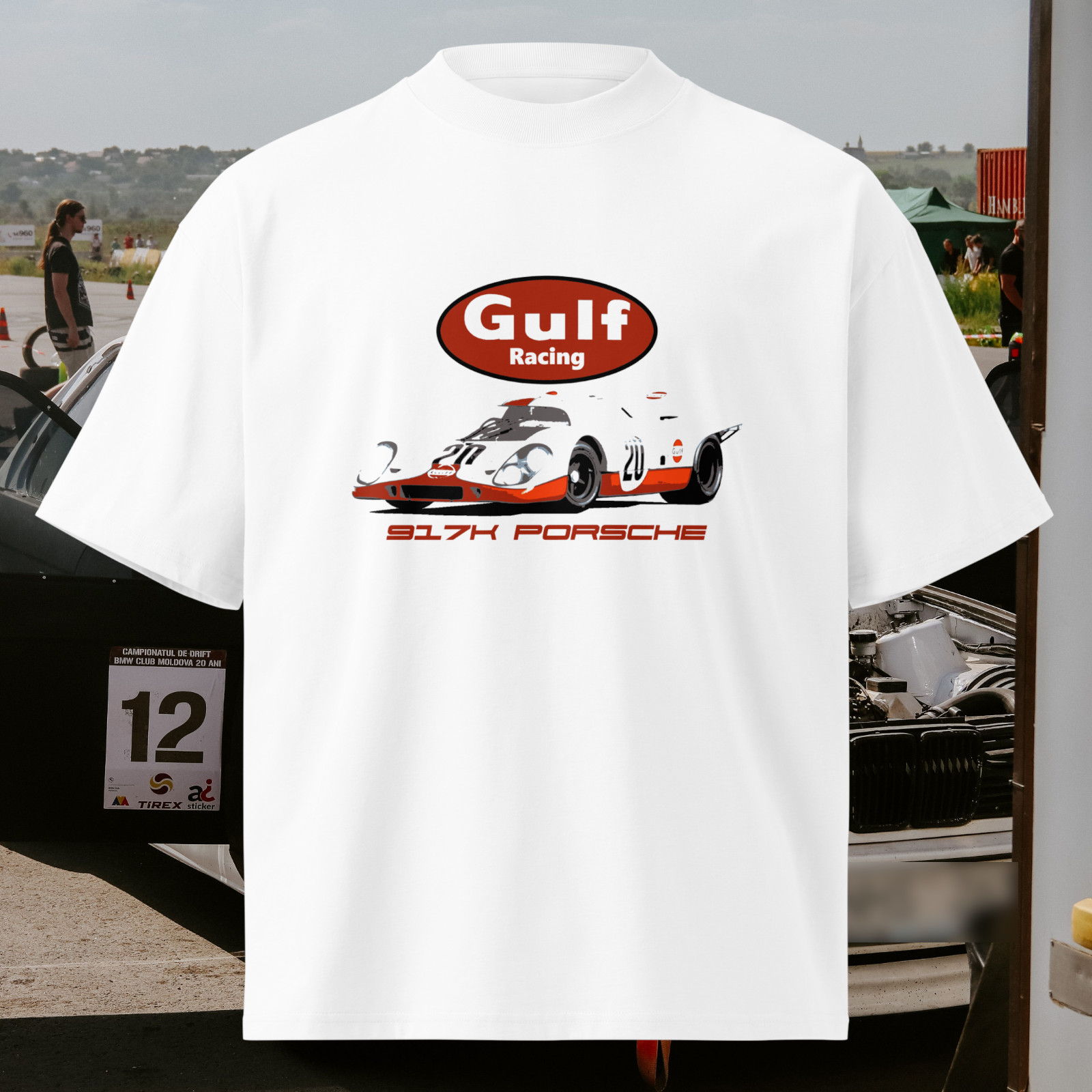Vintage 90s Gulf Racing Porsche 956 T-Shirt White Oversized Sports Car Cotton gallery