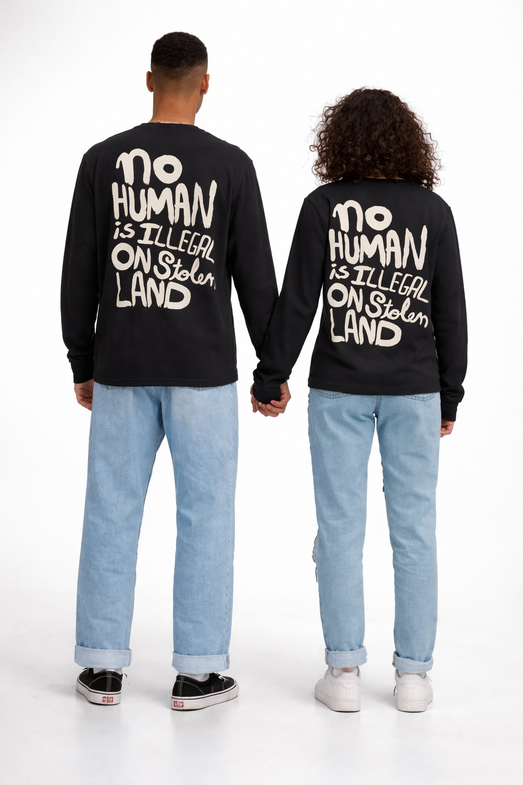 CHNGE Men’s No Human is Illegal Crew Neck Cuff Long Sleeve T-Shirt, Black, XS