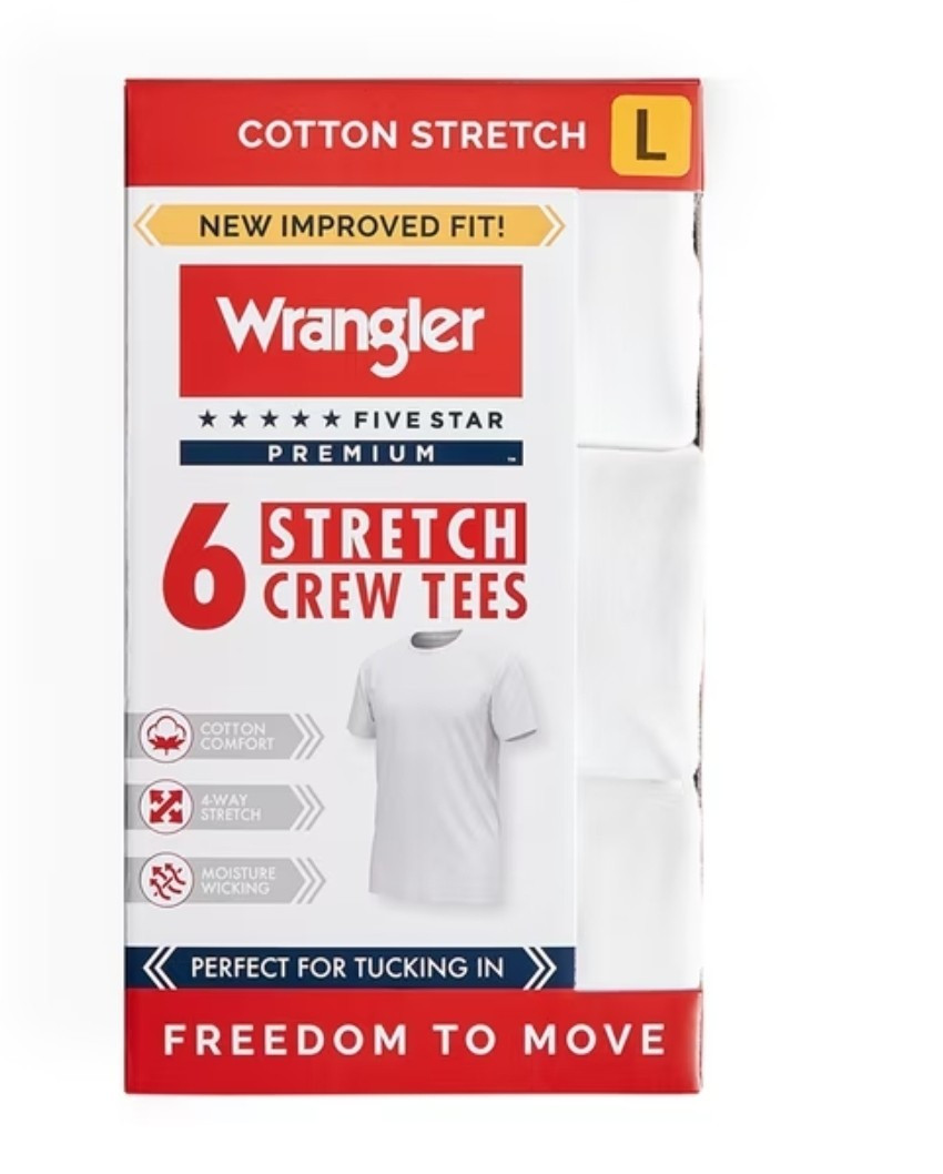 Wrangler Five Star Premium Stretch Crew Neck Tee 6-Pack White L Moisture Wicking gallery