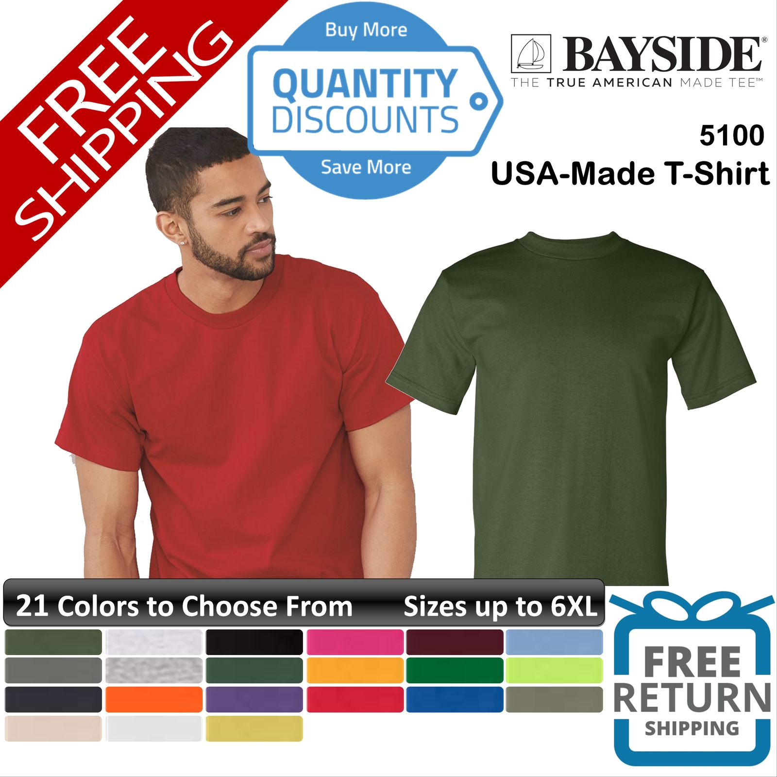 🔥 Bayside Men Usa-made Short Sleeve Pre-shrunk Cotton T-shirt Up To 6XL 5100 gallery