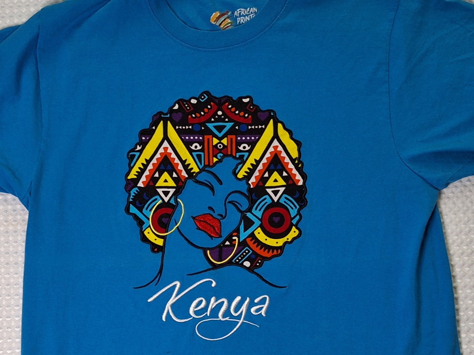 Kenya Africa Embroidered Colorful Souvenir Blue T-shirt Size L African Prints gallery