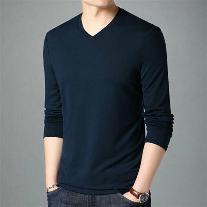 Men Men's Long-Sleeved V-Neck Shirt T-Shirt Pure Color Casual Pullover Tops gallery