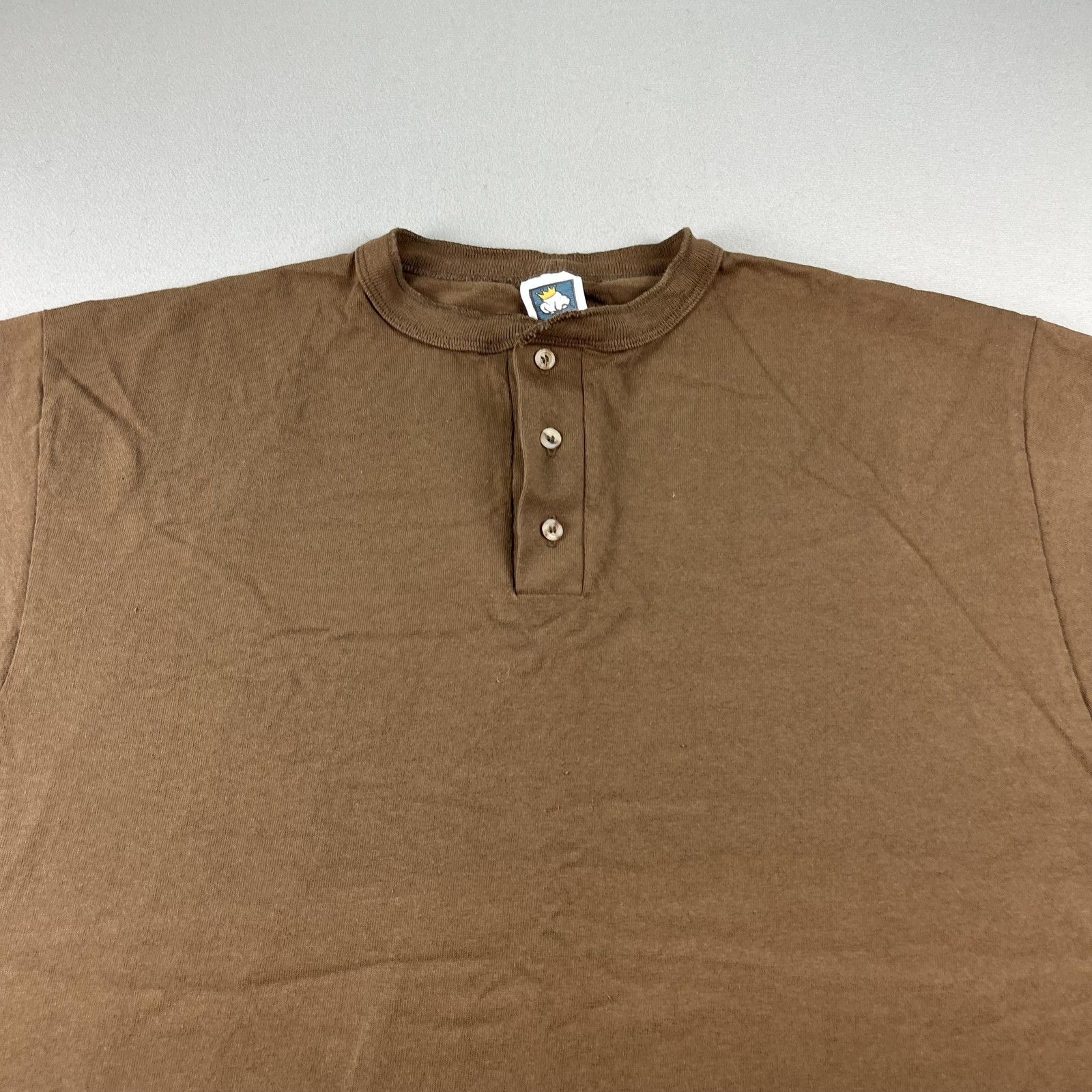 Vintage Brown T-Shirt Henley Mens Large Brown Blank Single Stitch Cotton USA 90s gallery