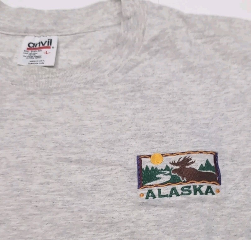 Vintage Anvil Alaska Crest T-Shirt Mens Large Gray Single Stit Moose Embroidery gallery