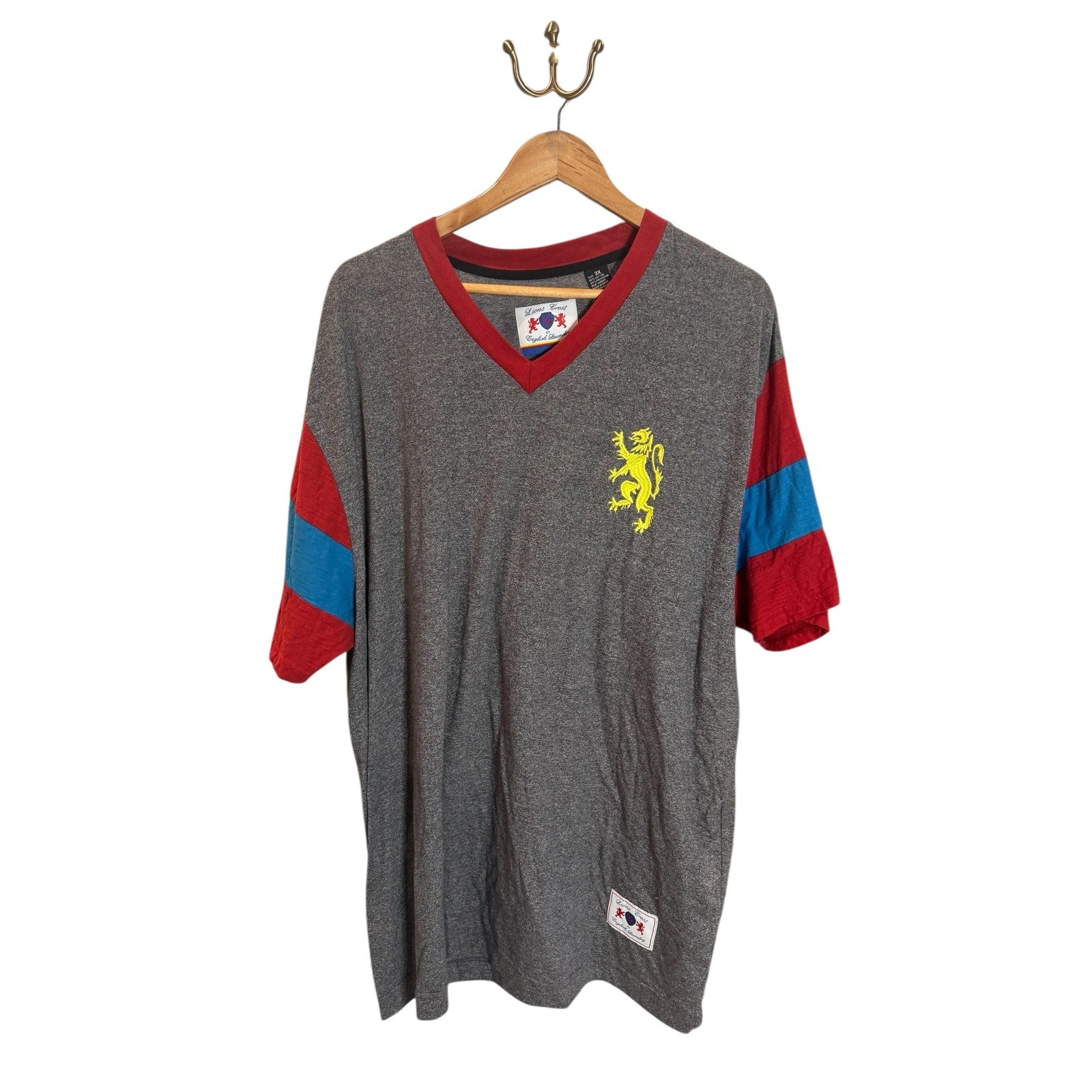 Lions Crest English Laundry V-Neck T-Shirt Mens 3XL Heather Gray Red Blue gallery