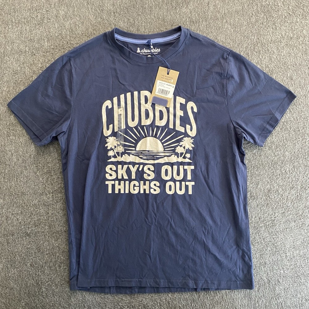Chubbies Shirt Mens Medium Navy Blue Sky’s Out Thighs Out Beach Summer NEW NWT
