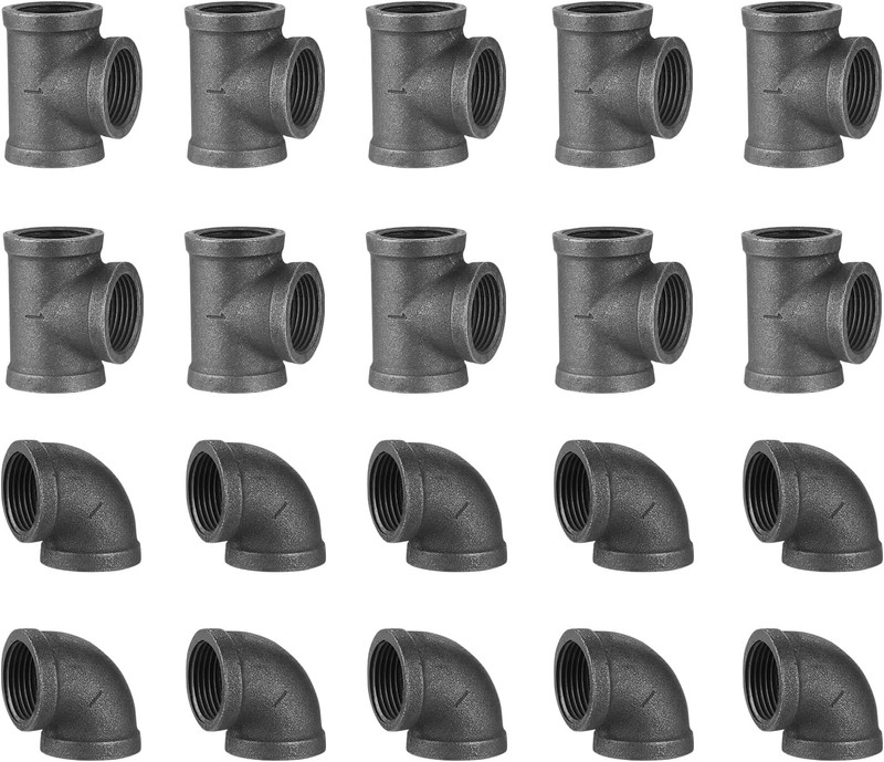 1″ Thereaded Tee & Elbow, 20 Pack Industrial Cast Malleable Iron Pipe Elbow/Tee