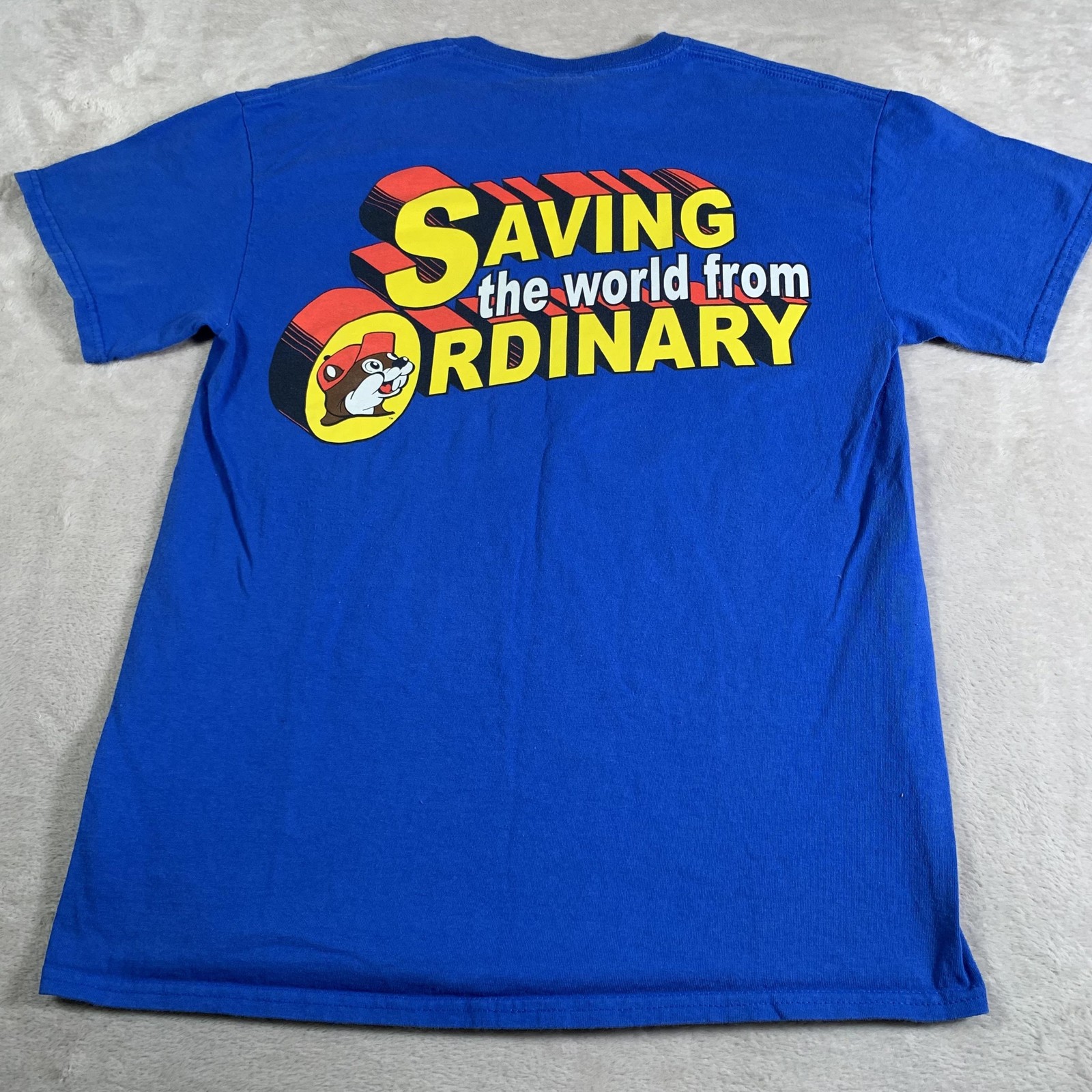 Buc-ee’s Shirt Mens Medium Blue Superman Beaver Logo Saving World Ordinary Tee