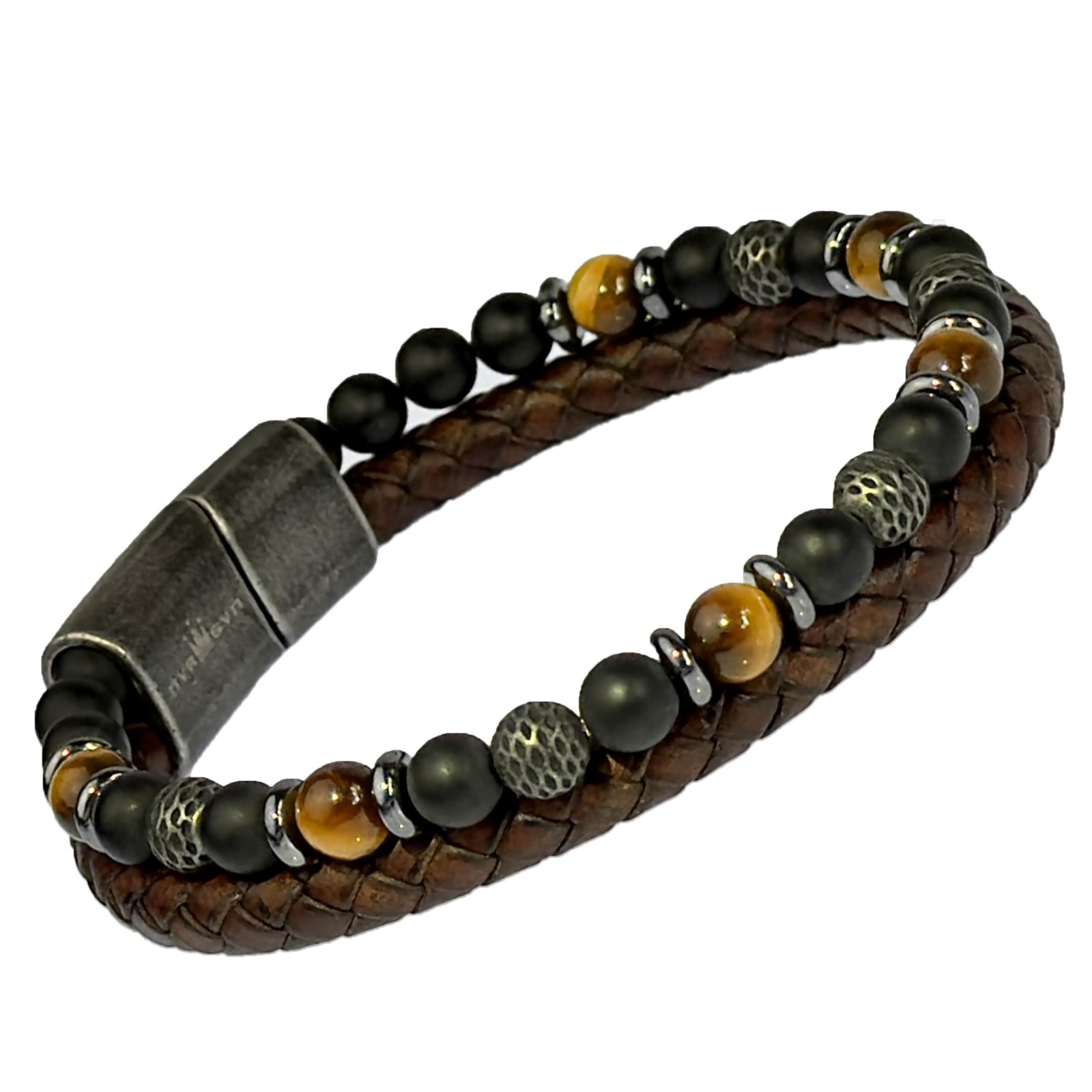 Men’s Leather Bracelet Stack with Textured Stainless Steel Beads, Hematite, B... gallery
