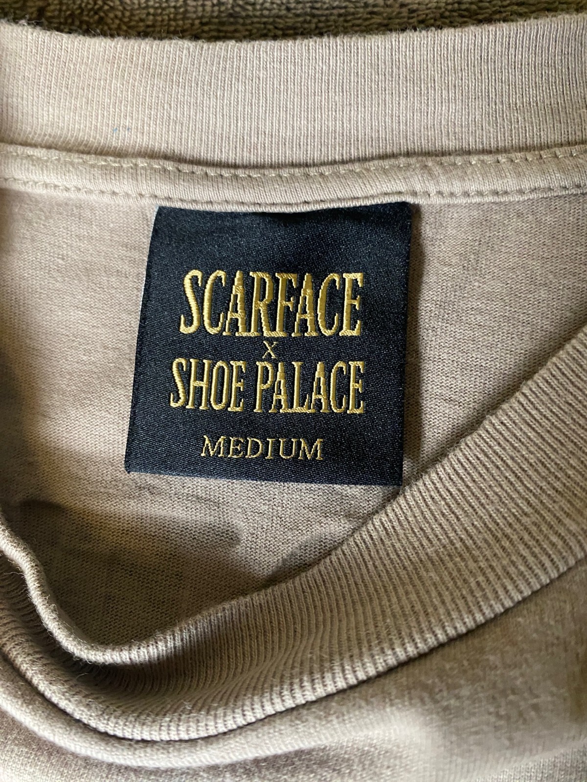 Scarface Shoe Palace X Tony Montana Embroidered Double Sided Beige T Shirt SZ M gallery