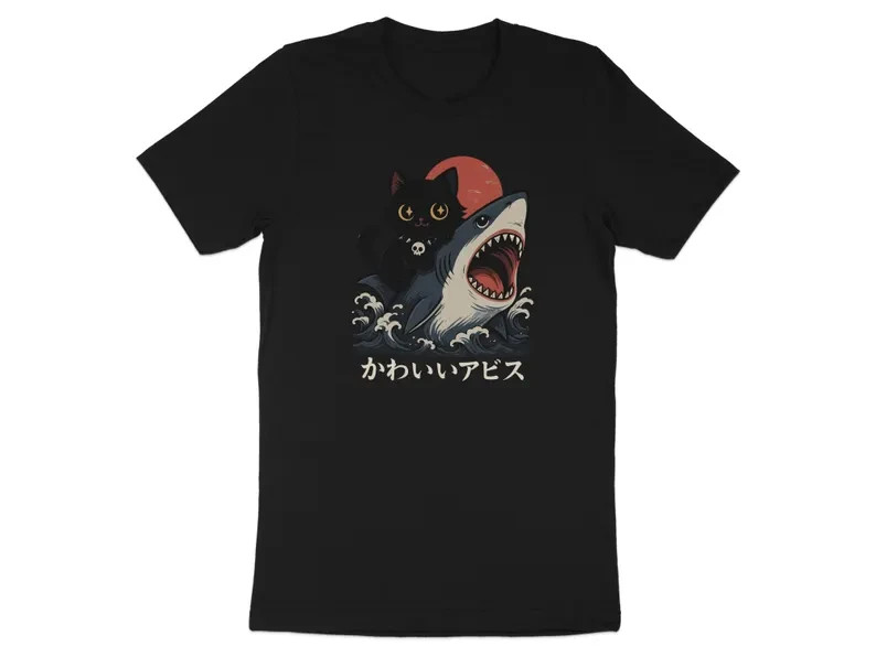 Cute Black Cat Riding Shark, Japanese Kawaii T-Shirt, Funny Cat Lover Gift gallery
