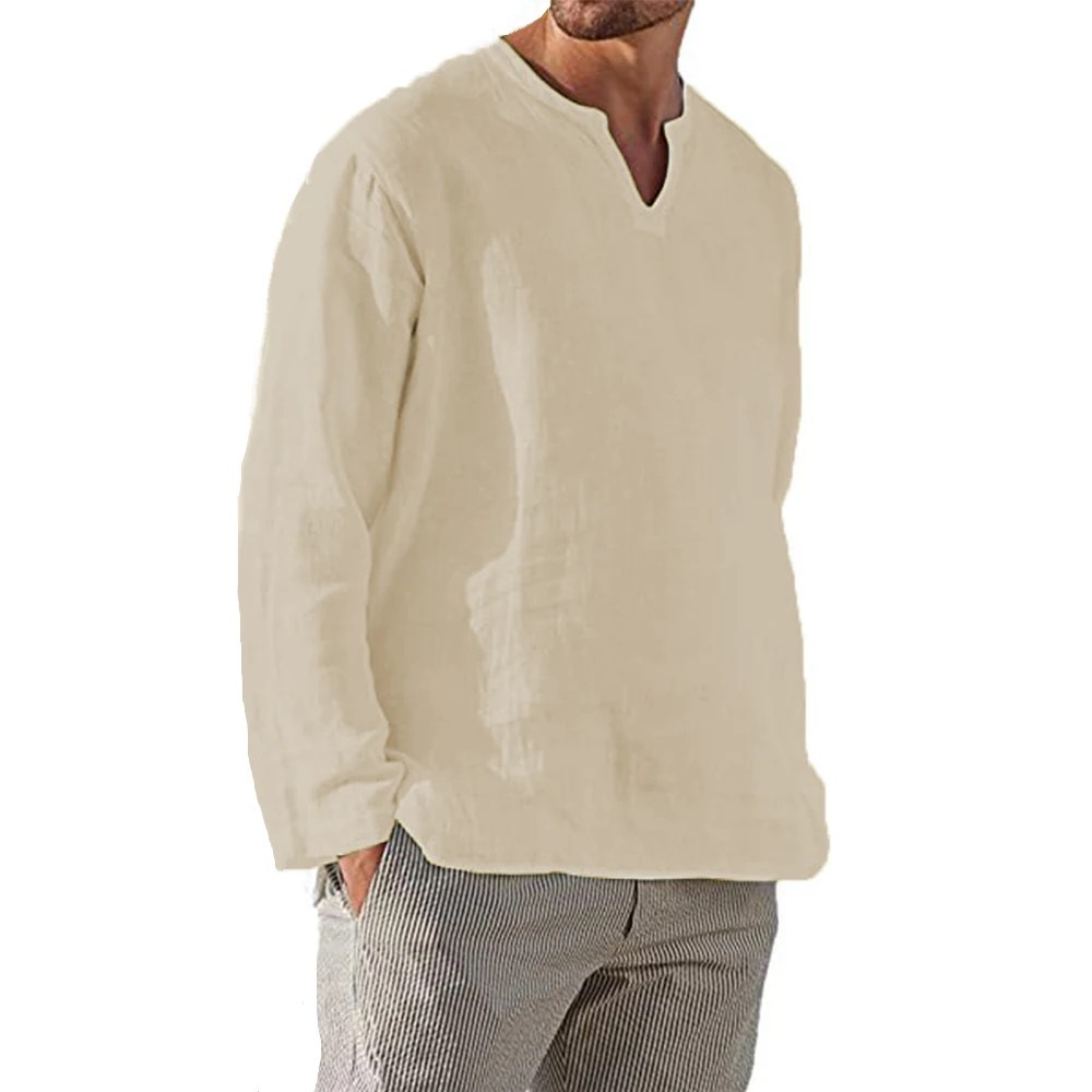 Breathable Cotton Linen Men's V-Neck Long Sleeve Casual Summer Shirt Top Premium gallery