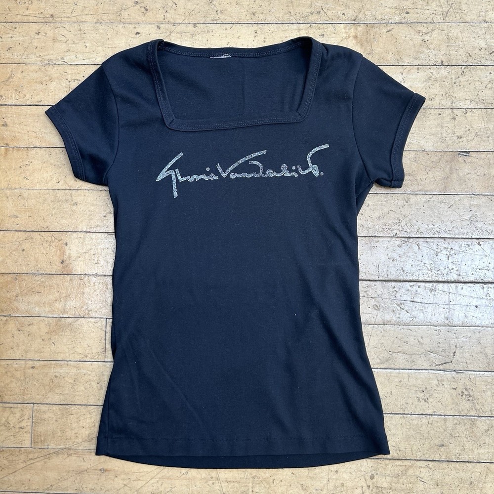 Vintage Gloria Vanderbilt Small Logo Tee Shirt Square Neck 80s Black