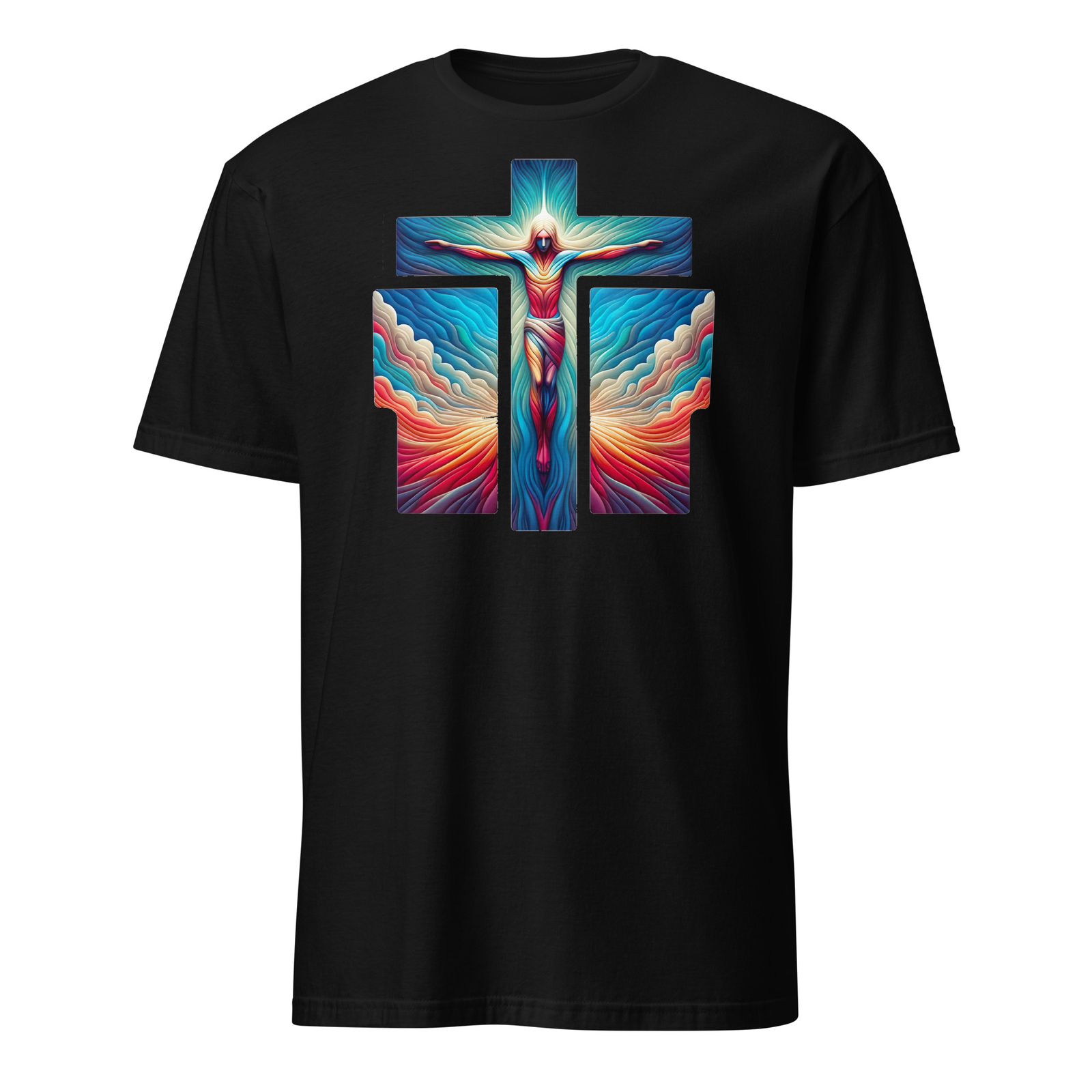 Vibrant Short-Sleeve Unisex T-Shirt: Colorful Jesus in Crucifix Design
