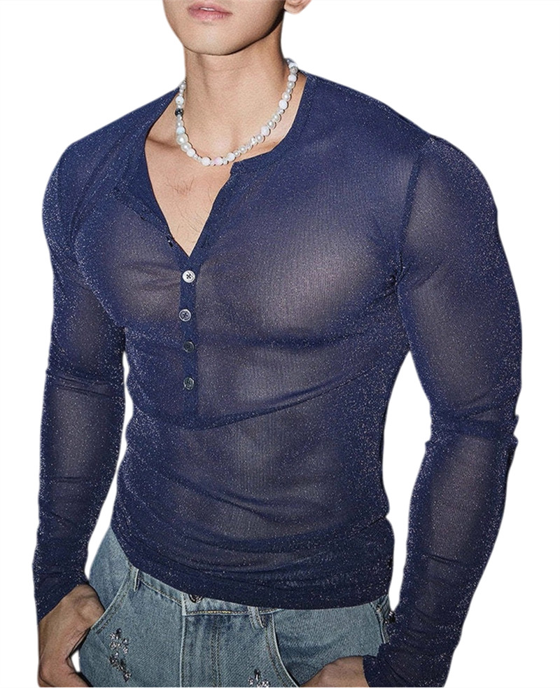 Mens Glitter Shirt Top See Through Lace T-Shirt Sheer Mesh Undershirts