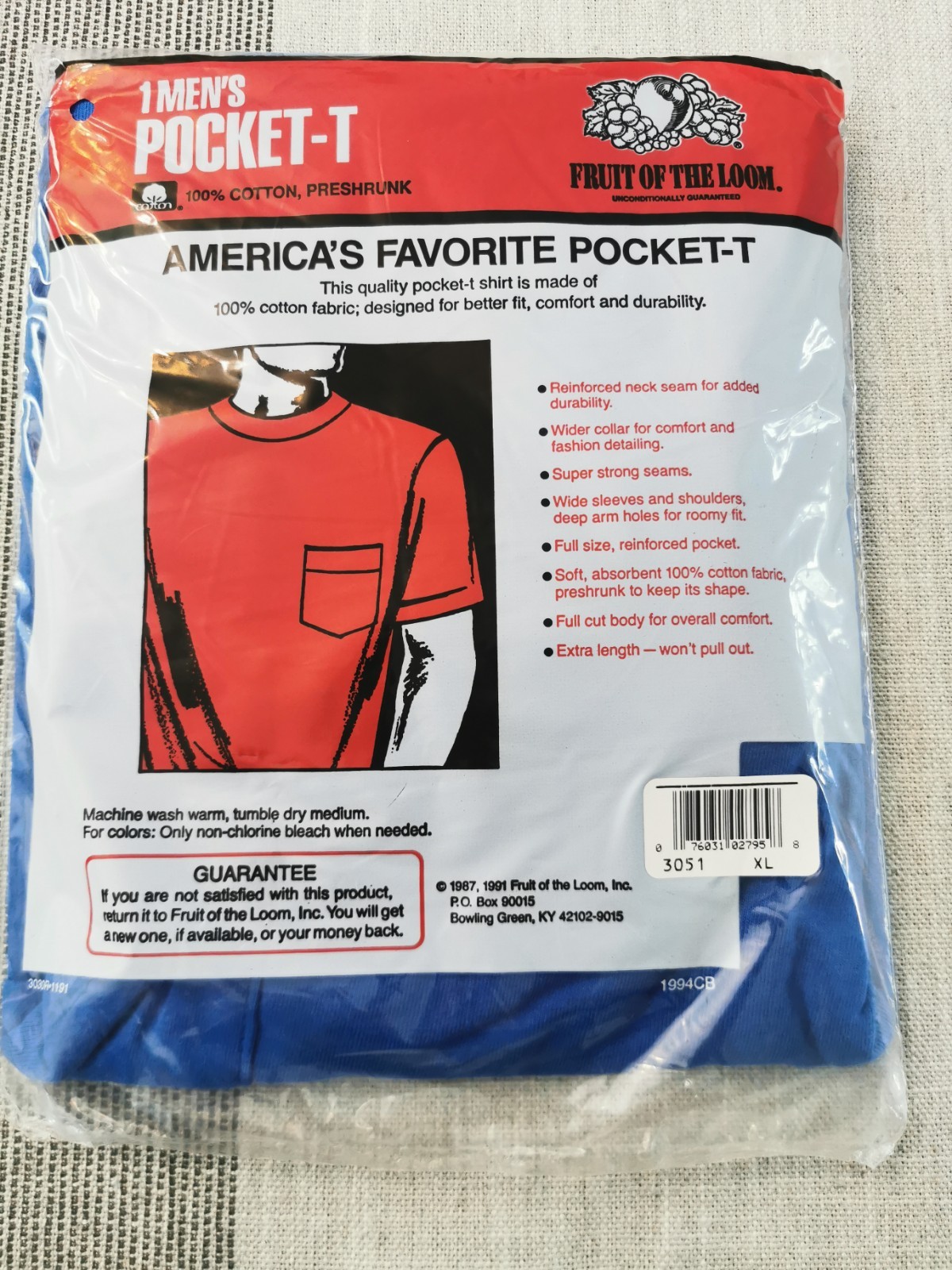 NOS VTG 1991 Fruit of the Loom Pocket T-Shirt BLUE Made in USA XL Single Stitch gallery