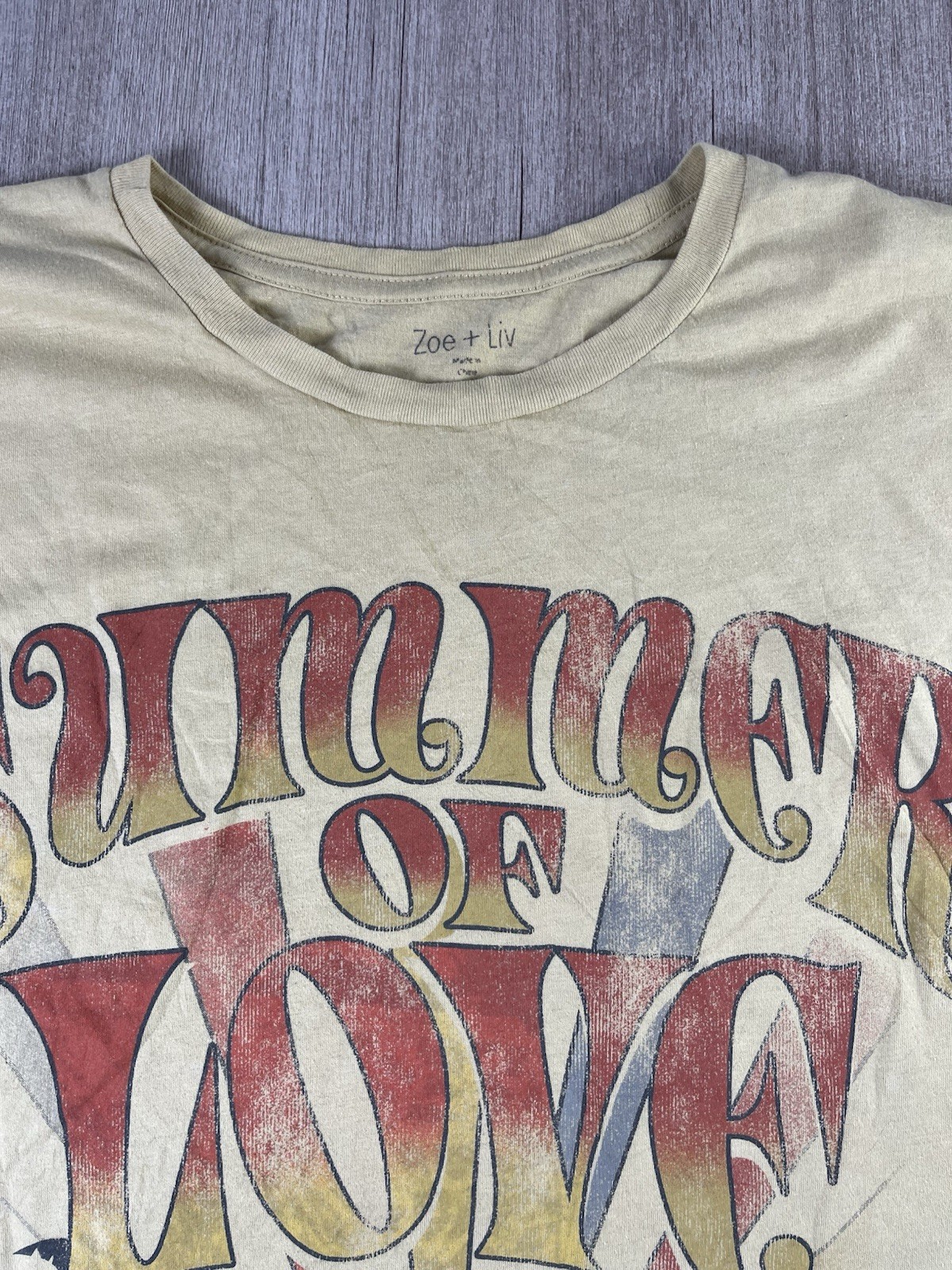 Zoe + Liv Summer of Love 1985 Graphic T-Shirt L/XL Yellow Retro Boho Hippie Tour gallery