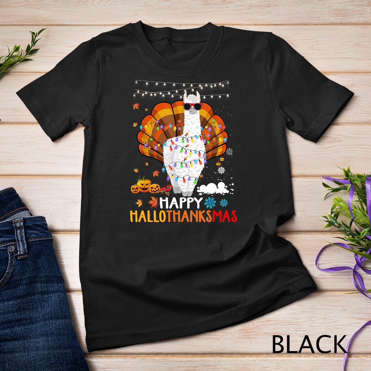 Llama Happy Hallothanksmas Halloween Thanksgiving Xmas Gifts Unisex T-shirt gallery