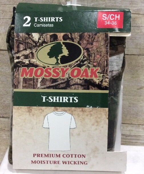 MOSSY OAK 2-PACK T SHIRT 1 CAMO 1 BLACK SIZE Small CHEST 34-36 NEW IN PACKAGE