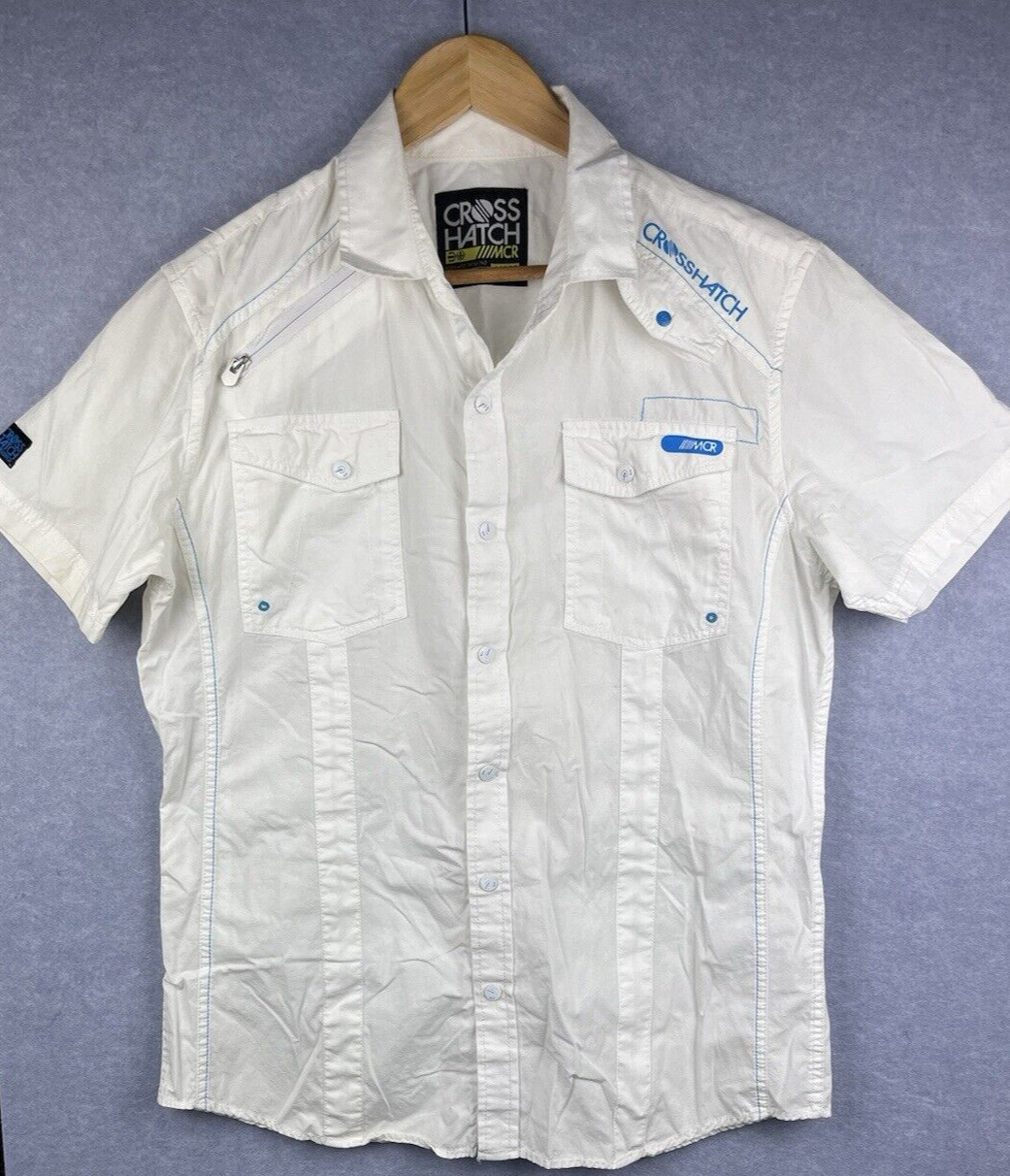 Mens Shirt Collared Shirt Size L Large White Pockets Press Stud Buttons