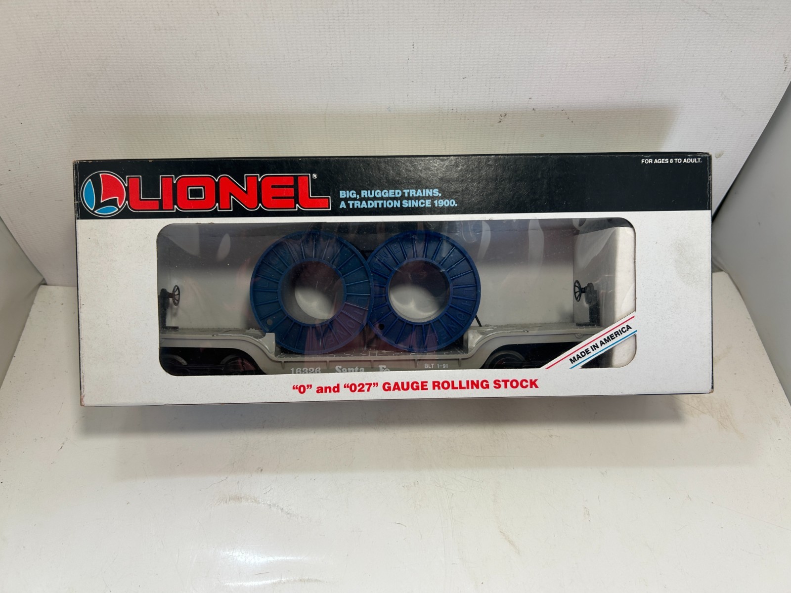 LIONEL O GAUGE SANTA FE DEPRESSED FLAT CAR WITH CABLE REELS 6-16326