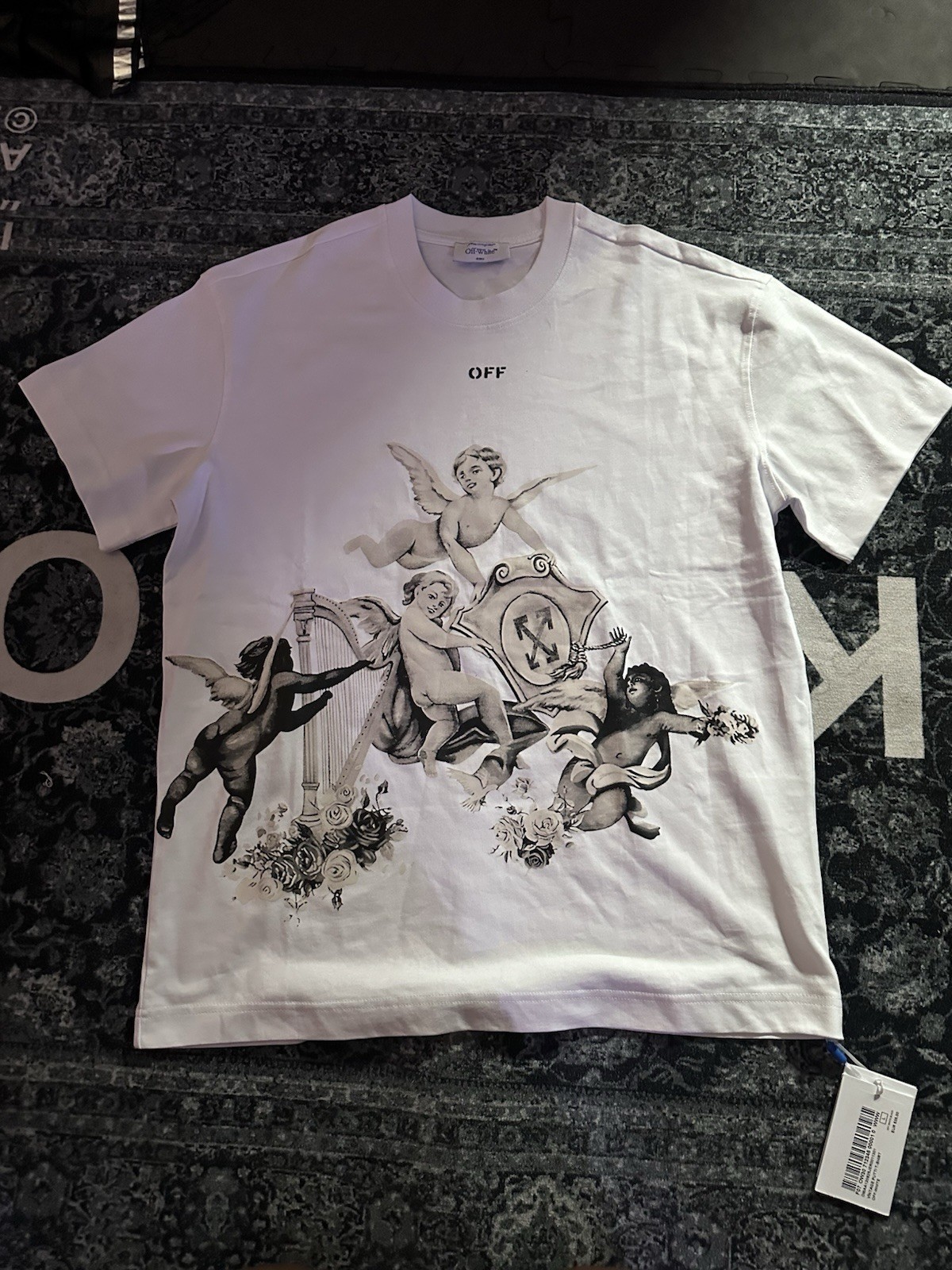 Off-White Men's White Angel Logo Graphic Print Crew Neck Short Sleeve T-Shirt, L gallery