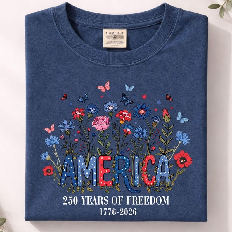 Comfort Colors Floral 250th Anniversary Shirt, Wildflower Independence Day Tee gallery