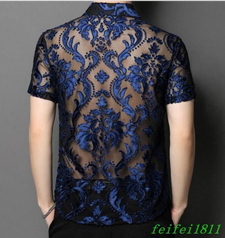 Chic Mens Hollow Out Floral Lace Shirts Short Sleeve Thin Lapel Tops Club Shirts gallery