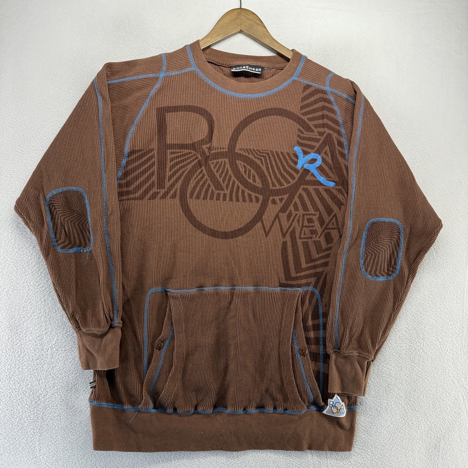 Vintage Rocawear Shirt Men's Large Brown Thermal Waffle Spellout Kangaroo Pocket gallery