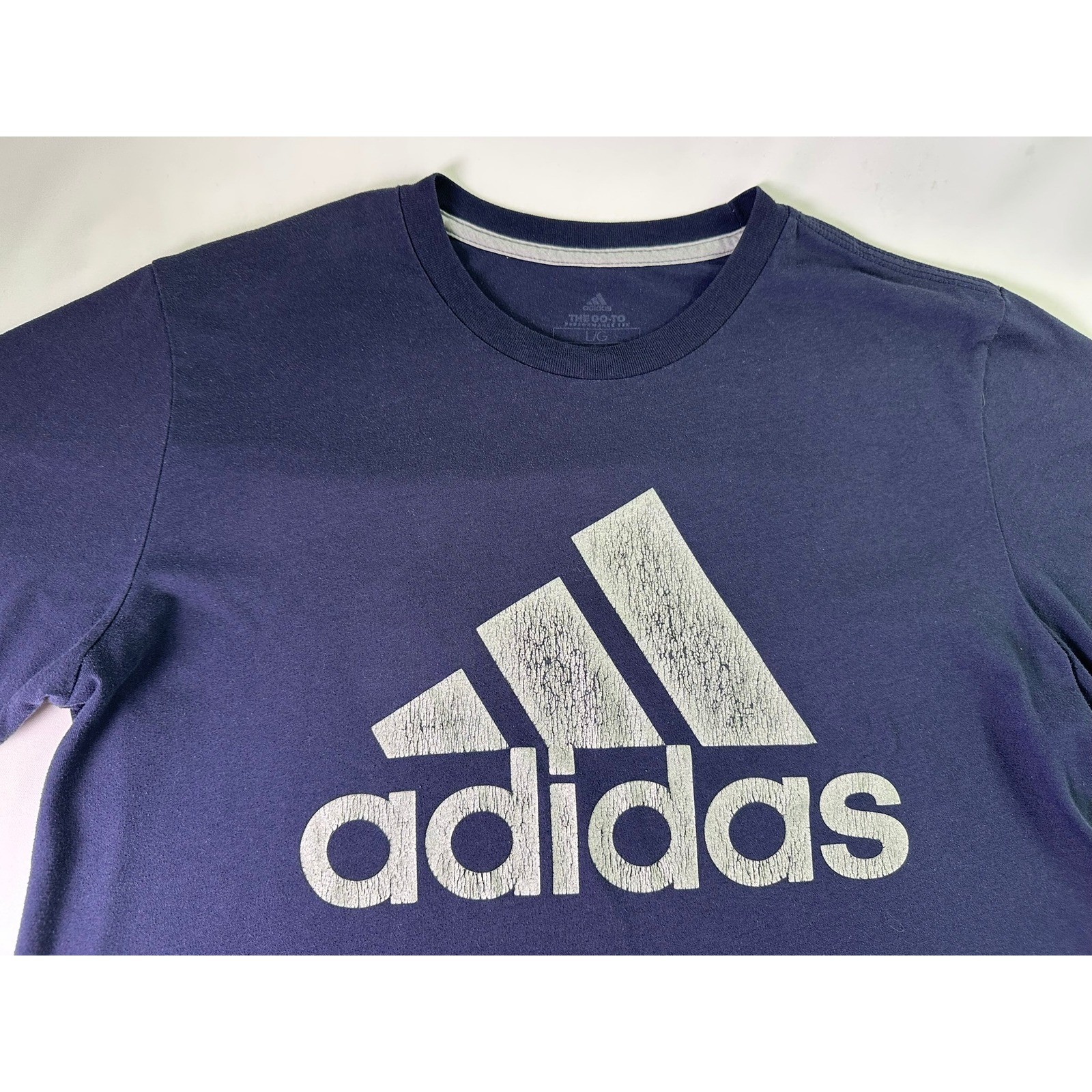 Adidas The Go-To Performance Tee Navy Blue Distressed Logo Shirt Men's Large L gallery