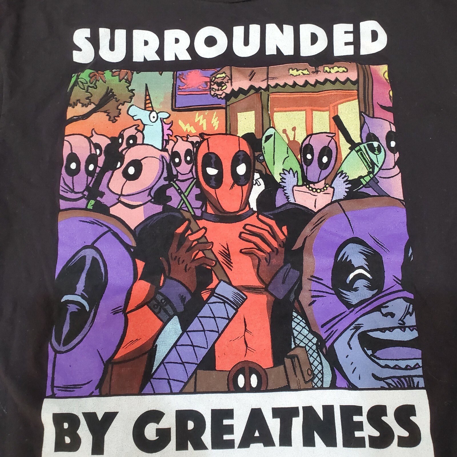 Marvel Surronded by Greatness Shirt Men L Short Sleeve Deadpool Black Cotton Tee gallery