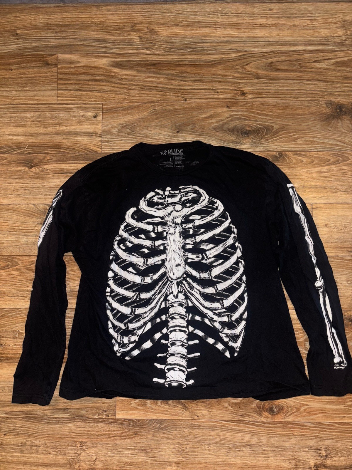 Rude Black Long Sleeve Skeleton Ribcage Graphic Print Cotton Tee Men’s L