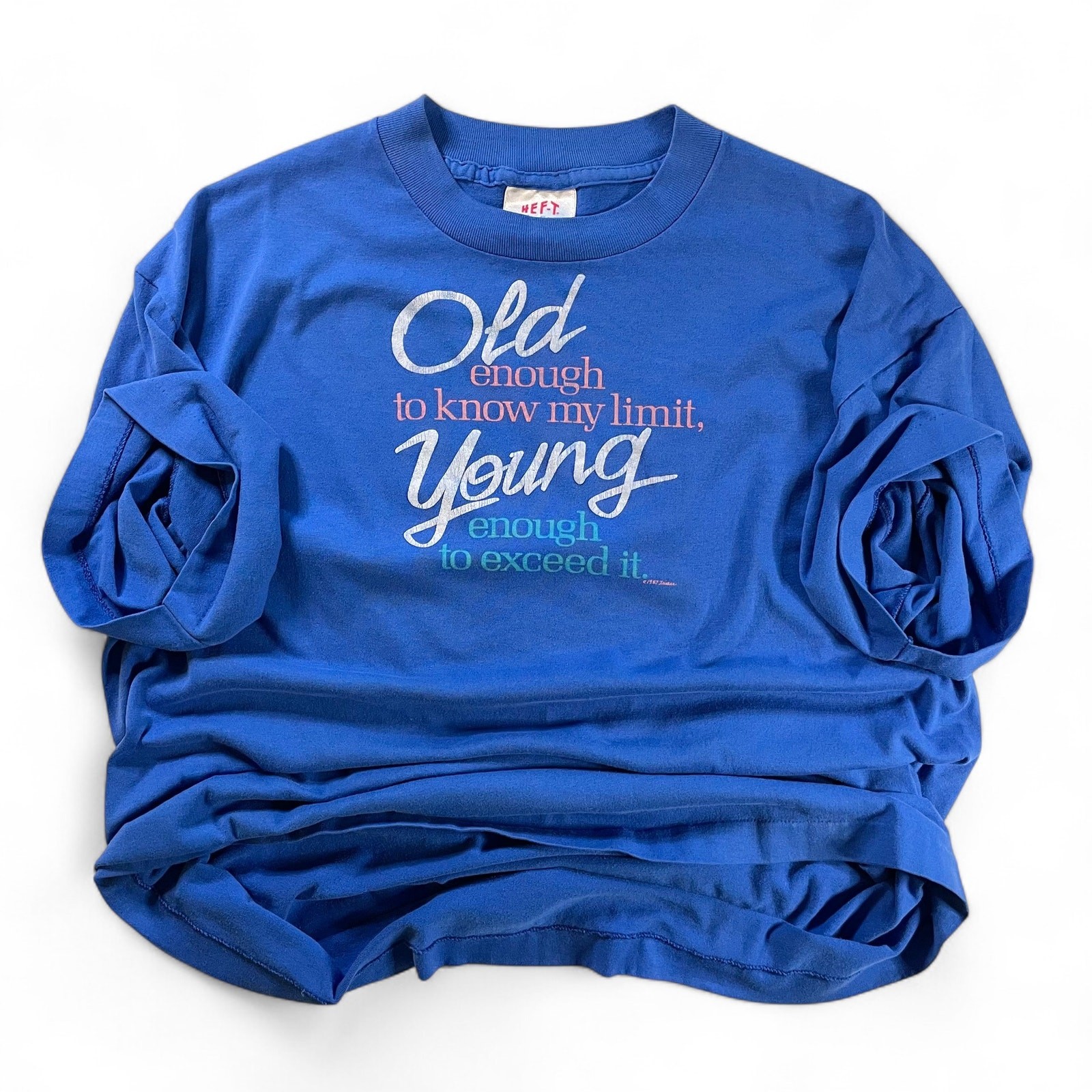 Vtg 80s Funny Slogan Tee Old Enough to Know My Limit TeeJays Single Stitch USA L gallery