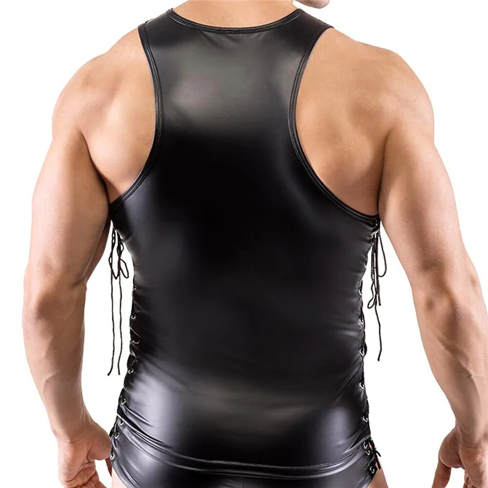 Men's PVC Leather Sleeveless T-shirts Vests Tops Lace-up Zipper Shorts Clubwear gallery