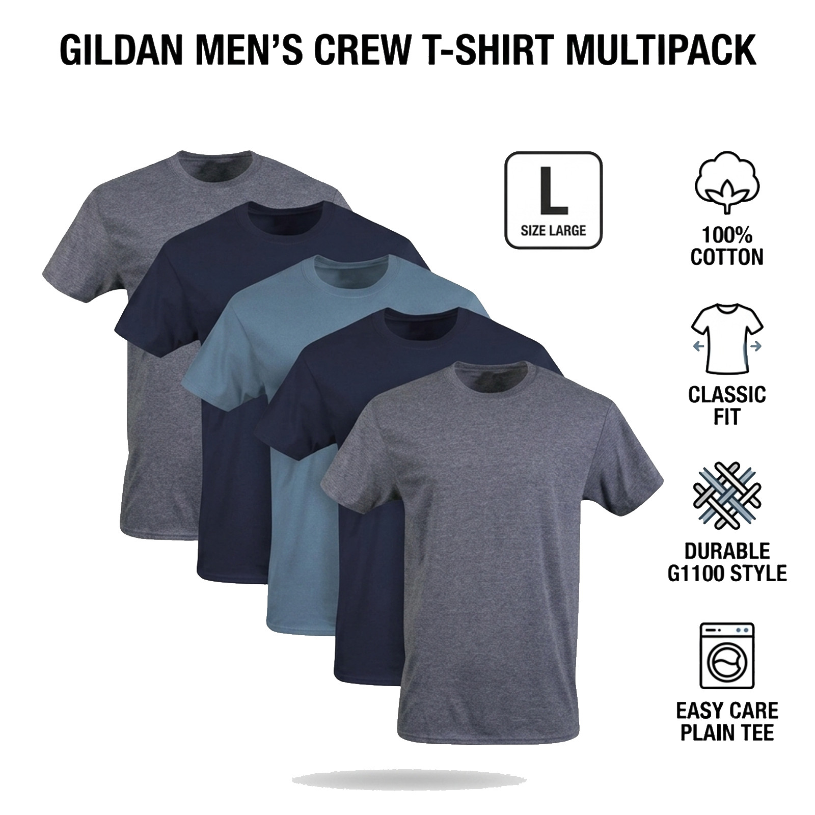 Gildan Mens Crew T-Shirts Multipack Style G1100 100% Cotton Plain Tee Size Large