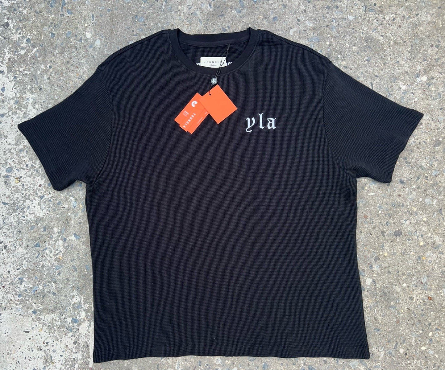 YoungLA Waffle Knit Mens Medium Black T Shirt Embroidered YLA