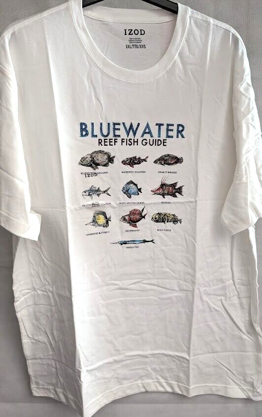 Mens Izod Bluewater fish chart white t- shirt 2XL 100% cotton grouper puffer NEW