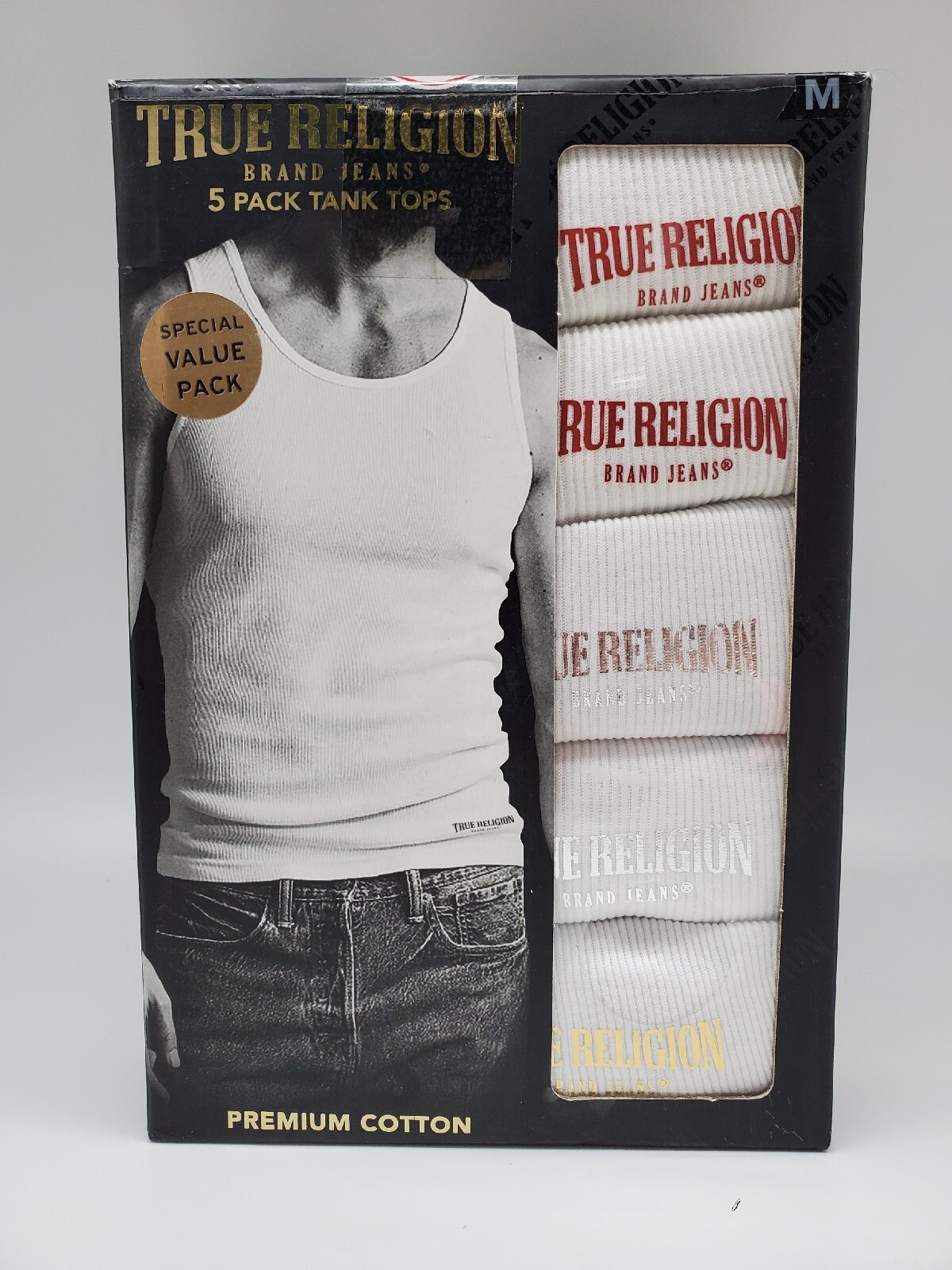 TRUE RELIGION 5-Pack Men’s S M L XL White Premium Cotton Logo Ribbed Tanks