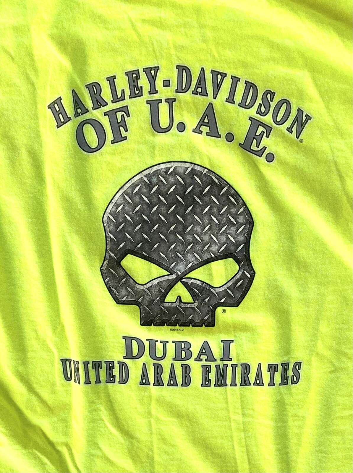 Men’s 2015 Harley Davidson Of U.A.E. Dubai Neon Green T-Shirt sz XL gallery
