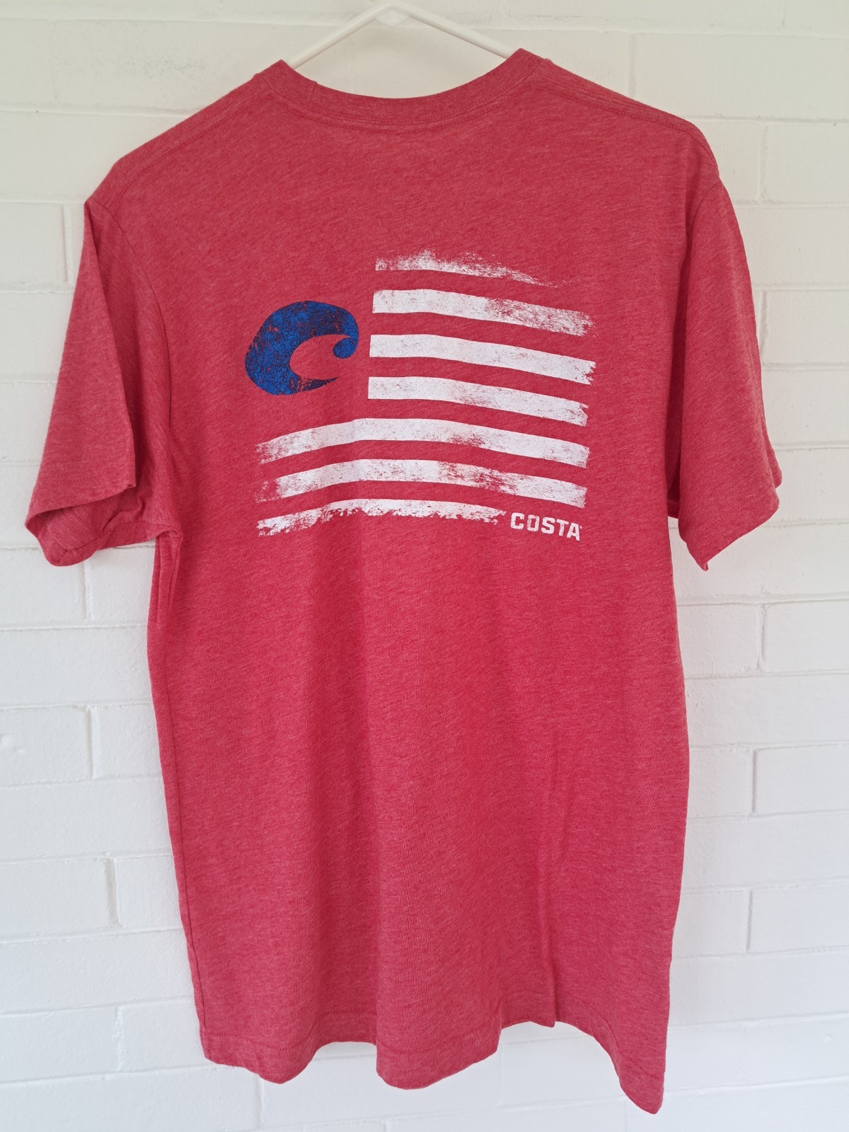Costa Men’s Short Sleeve T-Shirt Red American Flag Graphic On Back Size Large