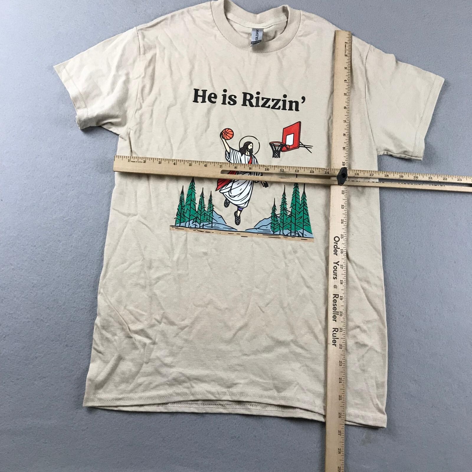 He Is Rizzin Shirt Adult Small Beige Short Sleeves Jesus Christian Humor Tee gallery